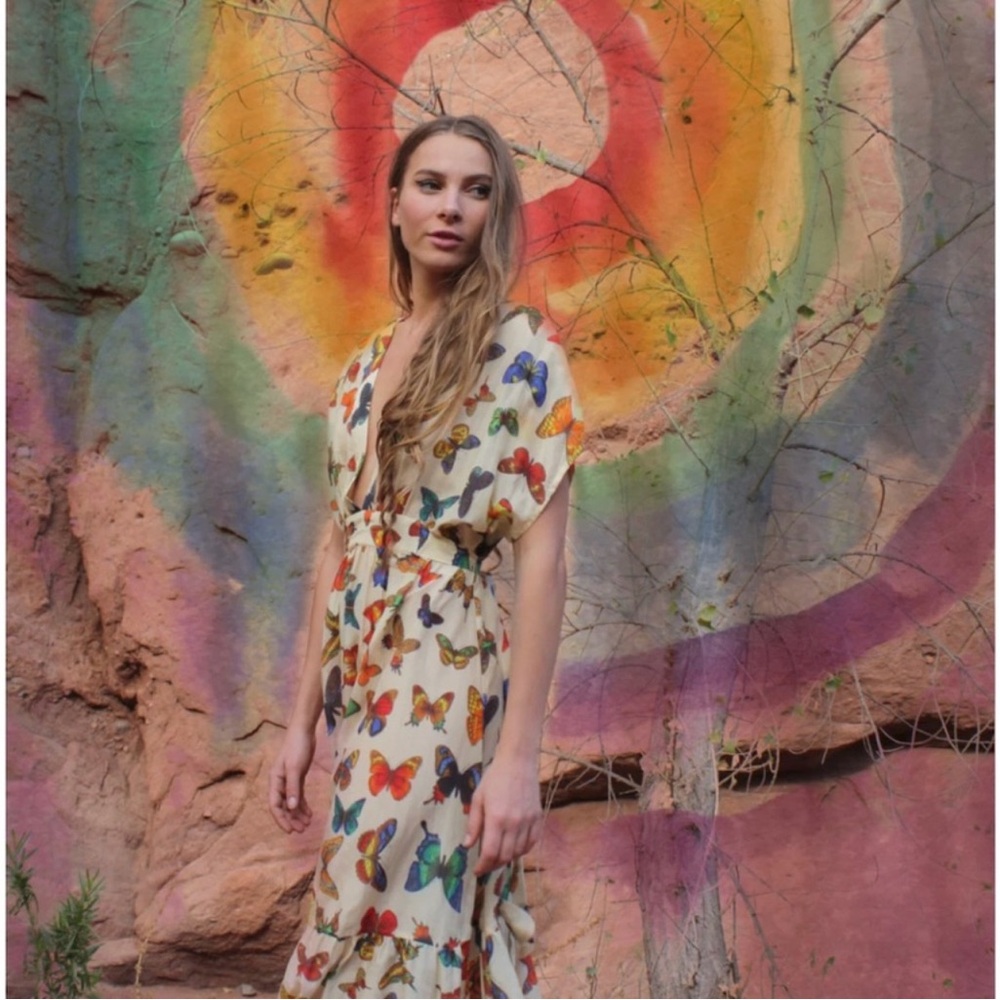 Butterfly Print Midi Dress - Cream